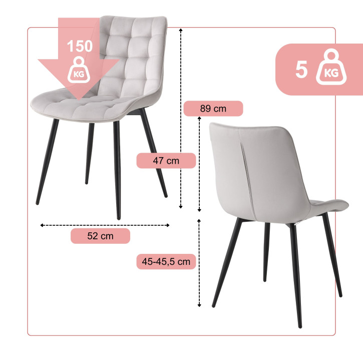 BHS LIVING Esszimmerstuhl, Küchenstuhl, Stuhl für den Wartebereich SERENA Polstersessel mit Samtstoff hellgrau 55x53x88 cm